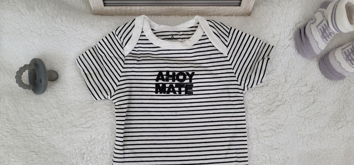 ahoy mate design onesie white black stripes onesie 6 month baby bodysuit trendy infant baby romper stylish onesie baby shower gift.jpg
