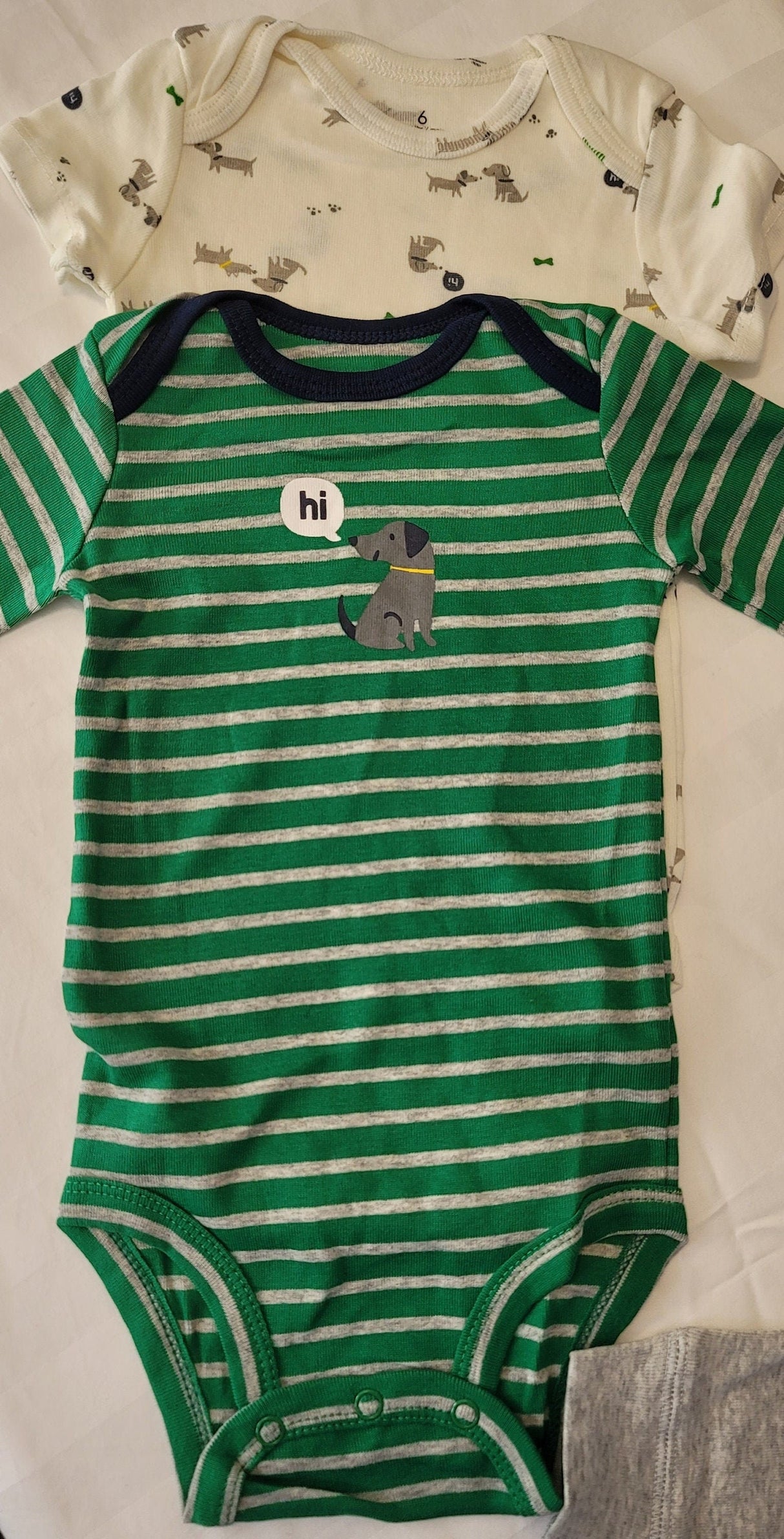 Baby Clothes 3pcs, Baby Boys Set 6 months, Baby Clothes Doggy Pattern, Hi Baby Boys Set, GreenWhite Stripe Onesie, Gray Pants Bye Pattern