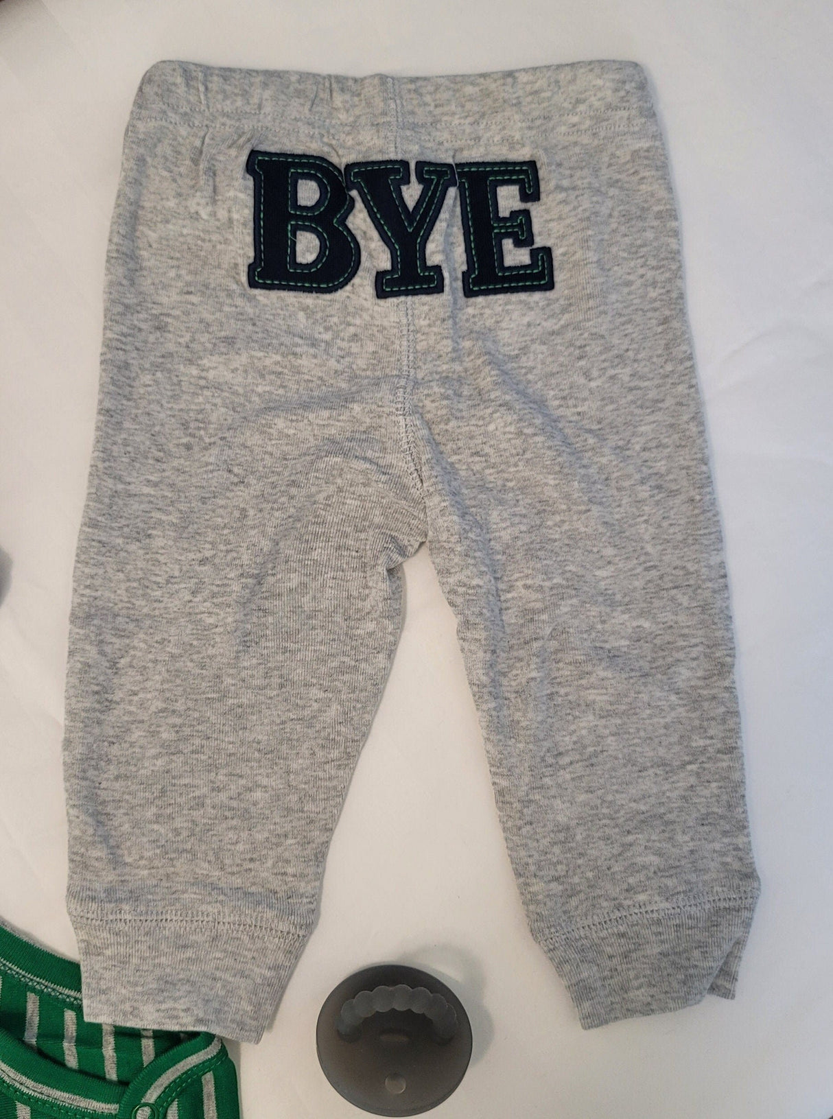 Vintage Doggy Baby Outfit: Green Stripe Onesie & Gray Pants