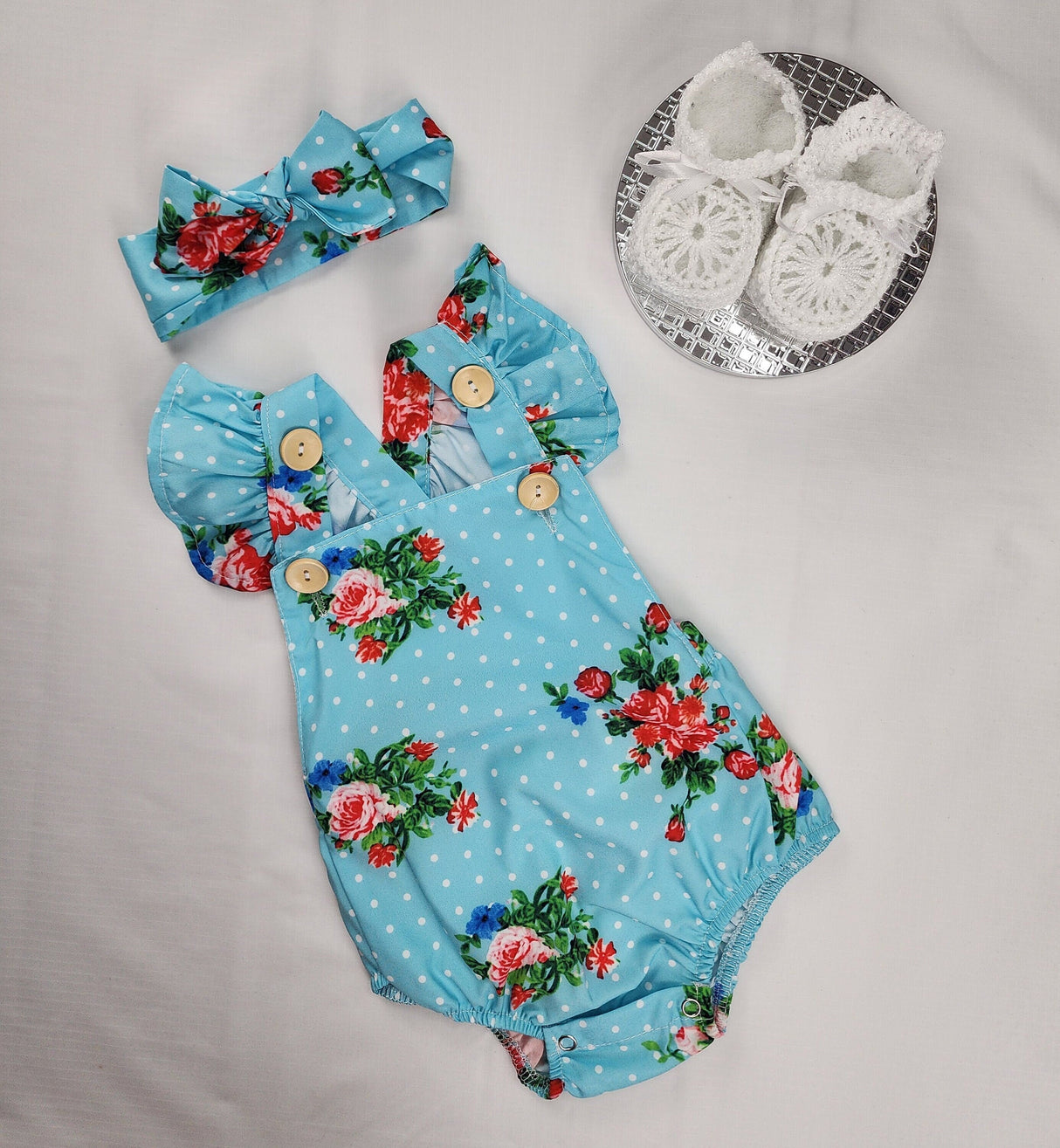 Floral Baby Romper with Ruffled Headband: 100% Cotton Set