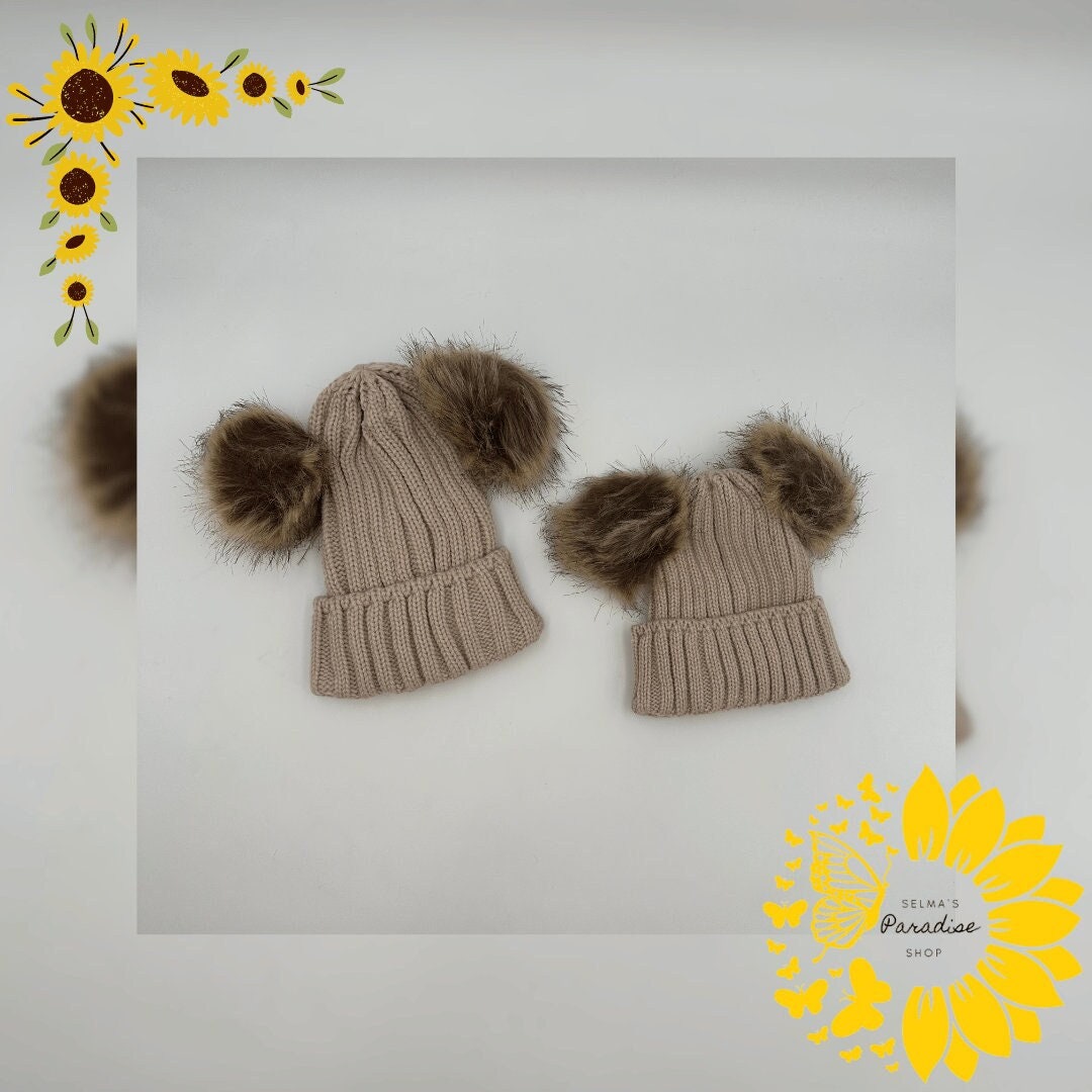 Double Hairball Knitted Beanie Hats for Mommy and Me