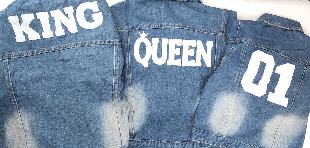 Family Matching Letter Print Jackets, Denim Family Jackets, Light Blue Denim Jackets, King Denim Jacket, Queen Denim Jacket, 01 Denim Jacket