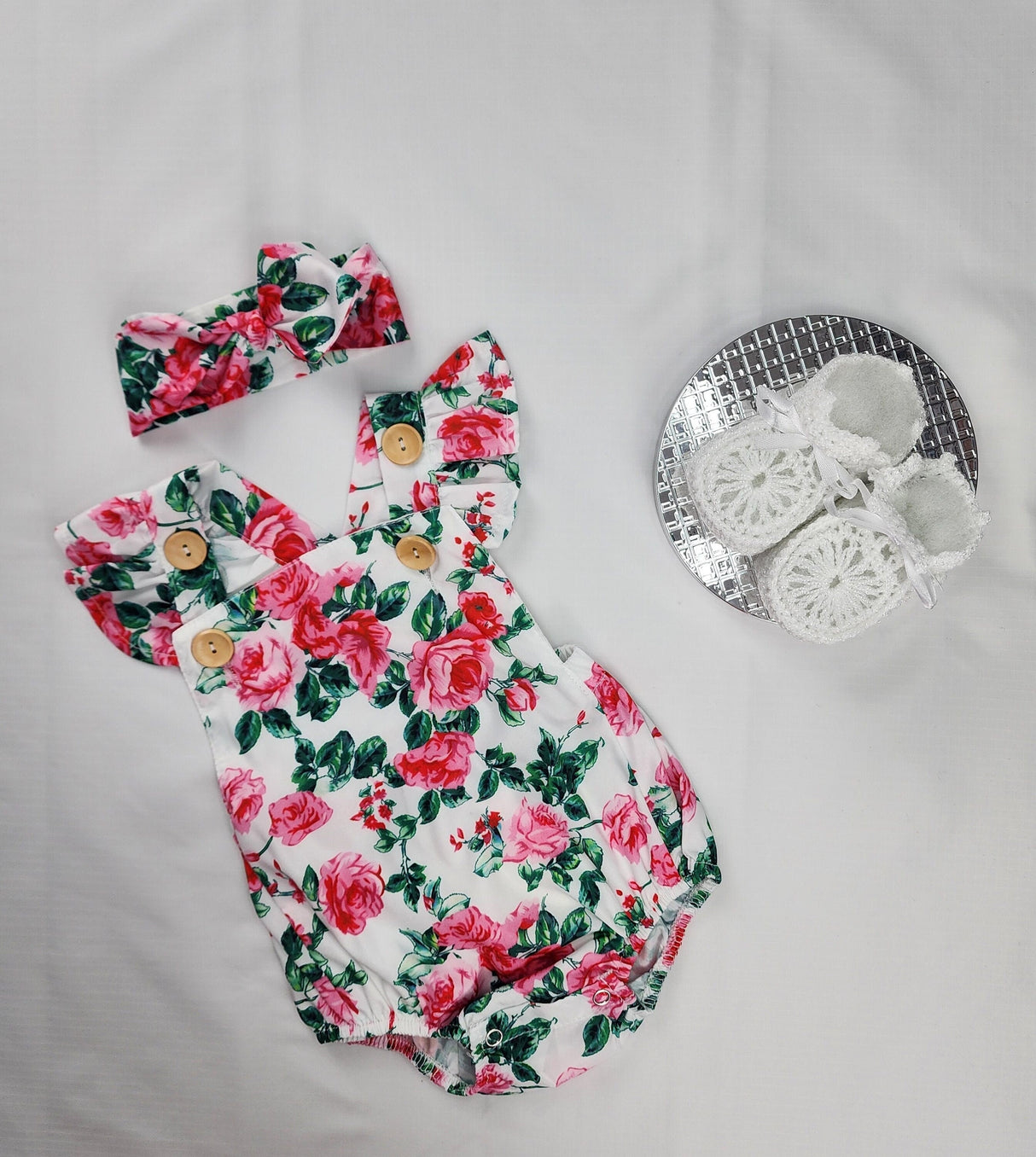 Floral Baby Romper with Ruffled Headband: 100% Cotton Set