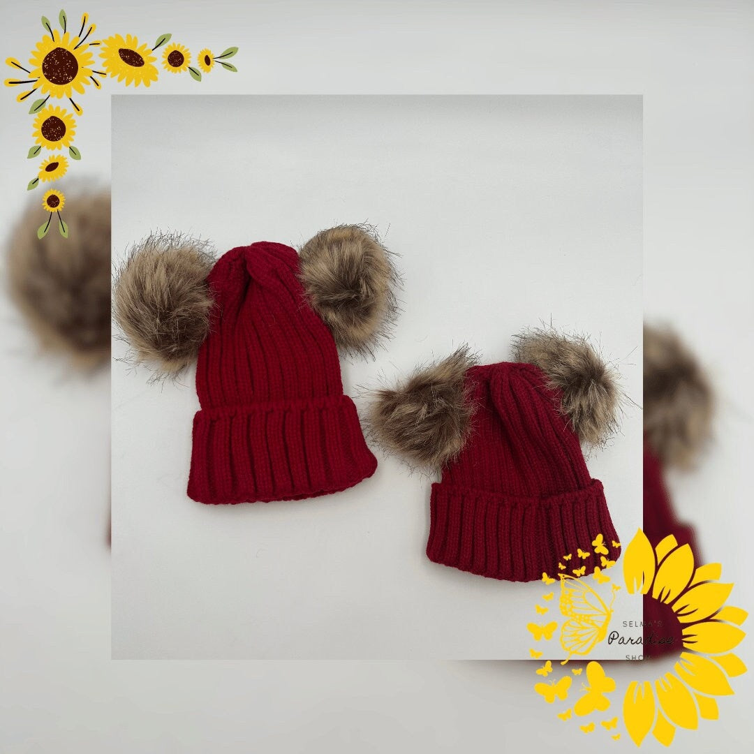 Double Hairball Knitted Beanie Hats for Mommy and Me