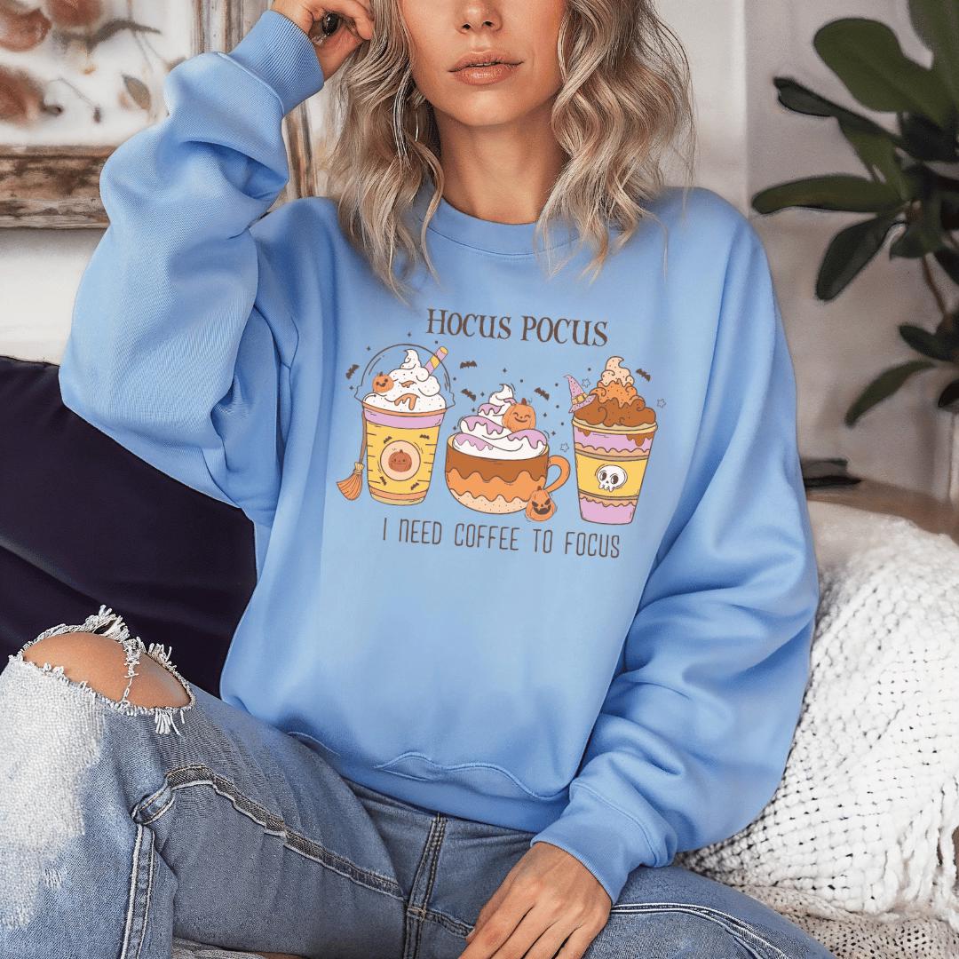 Coffee Design Sweatshirt Hocus Pocus Graphic Print Pullover, Trendy Long Sleeve Unisex Cozy Sweatshirt