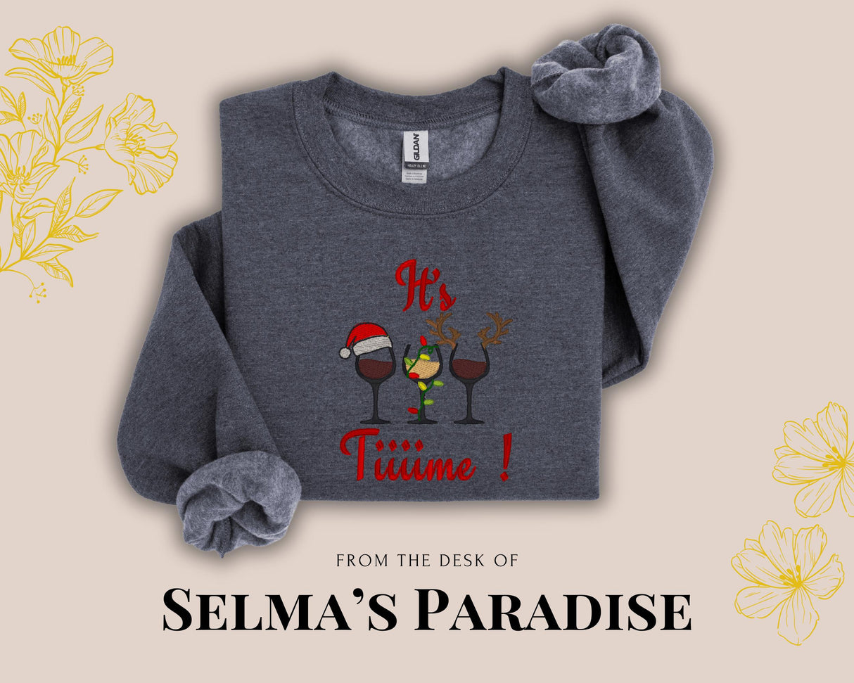 Personalized Embroidered Wine Design Sweatshirt, Christmas Crew-Neck , Unisex Long Sleeve Sweatshirt, Festive Sweatshirt