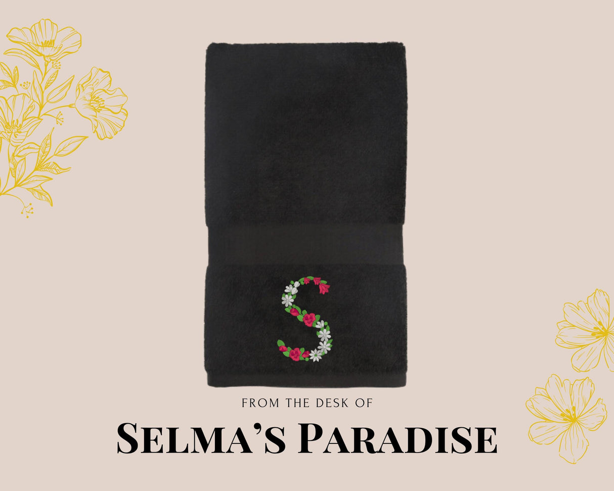 Custom Floral Initial Embroidered Hand Towel: Personalized Cotton-Poly Blend