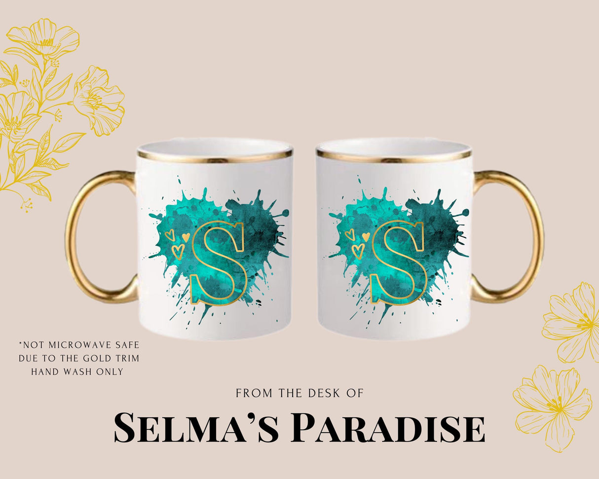 S Design, Gold Trim Personalized Mugs, Custom Coffe-Tea Cup, Birthday Gift, Gift for Her or Him, Anniversary, for any Gift Occasions.