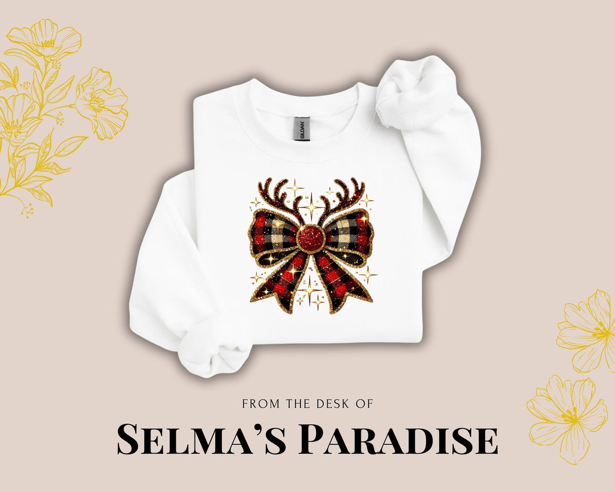 Cozy Christmas Sweatshirt, Christmas reindeer bow Sweatshirt, Unisex Long Sleeve Sweatshirt, Crew neck Vintage Sweater Xmas Gift