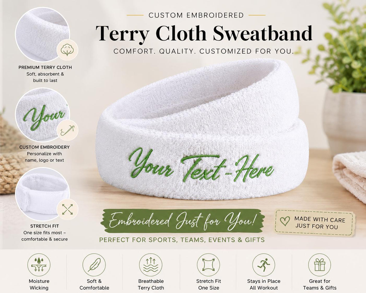 Personalized Embroidered Moisture Wicking Terry Cloth Sports Headband | Custom Athletic Sweatband for Running, Gym, Fitness & Team Sports