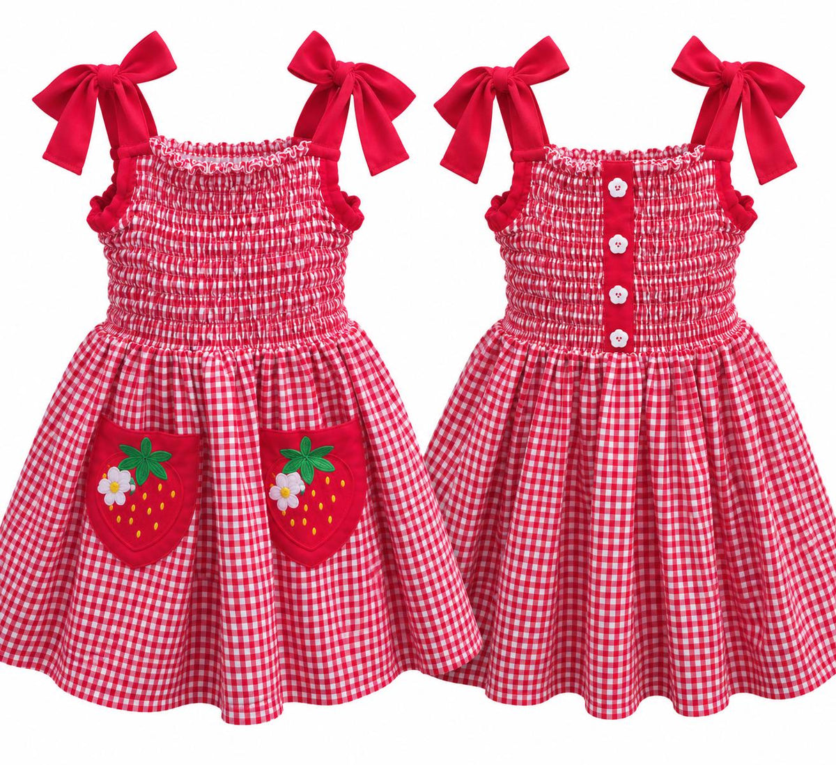 Strawberry Gingham Smocked Toddler Dress – Embroidered Pockets, Bow-Tie Straps