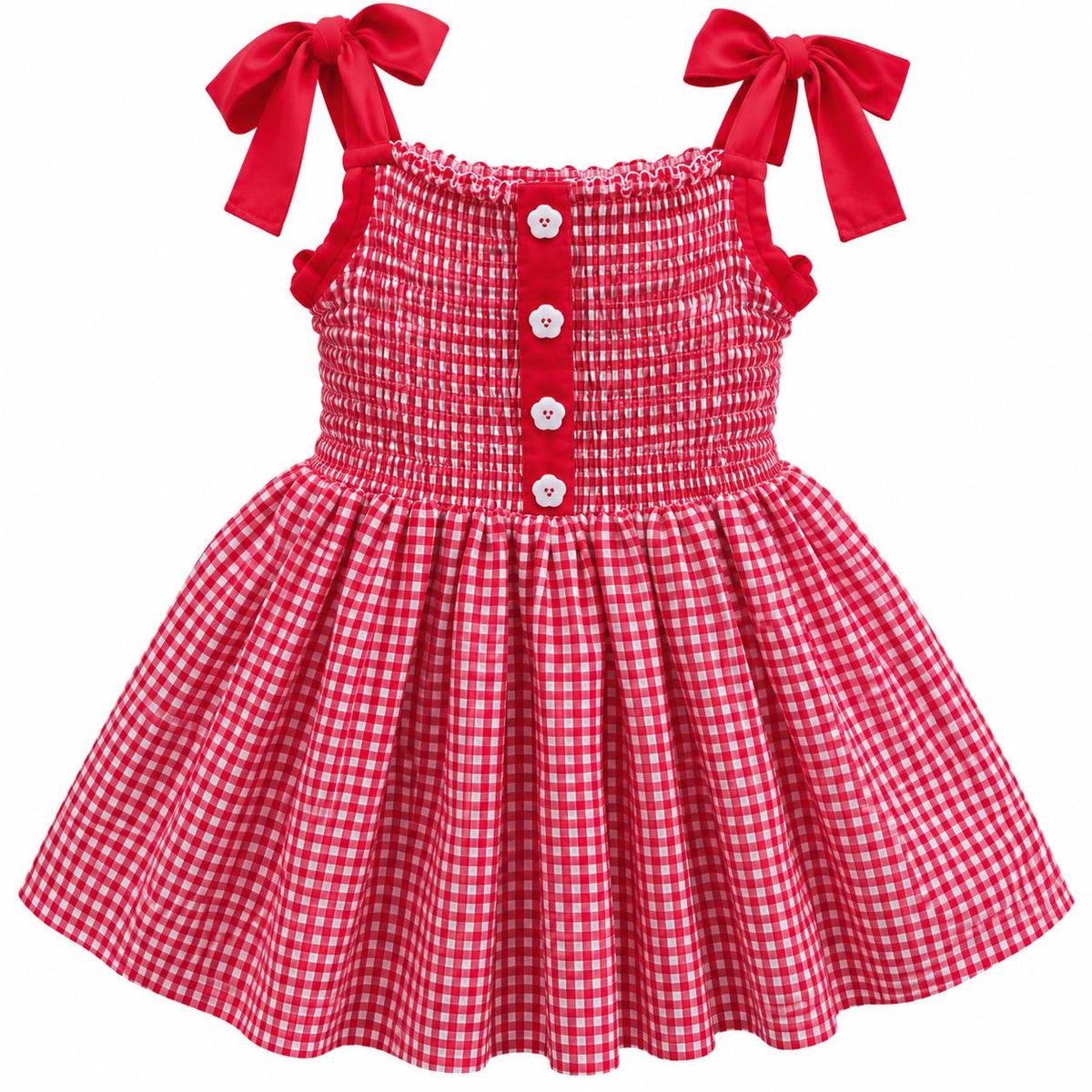 Strawberry Gingham Smocked Toddler Dress – Embroidered Pockets, Bow-Tie Straps