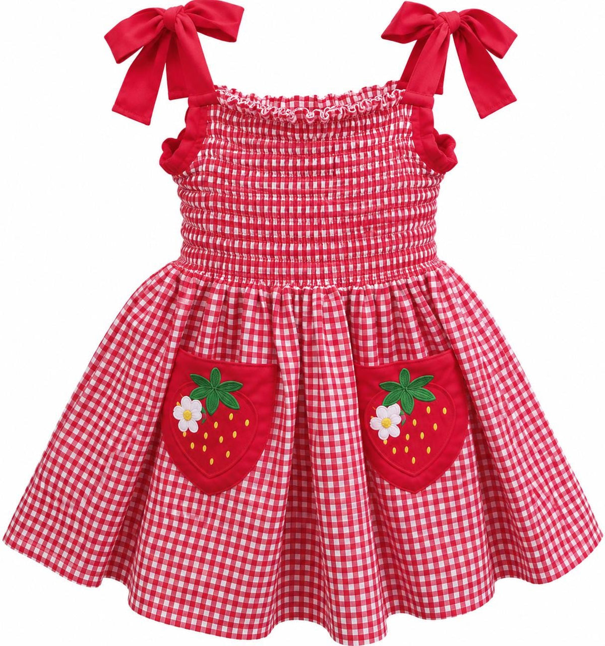 Strawberry Gingham Smocked Toddler Dress – Embroidered Pockets, Bow-Tie Straps