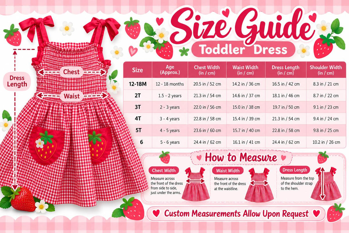 Strawberry Gingham Smocked Toddler Dress – Embroidered Pockets, Bow-Tie Straps
