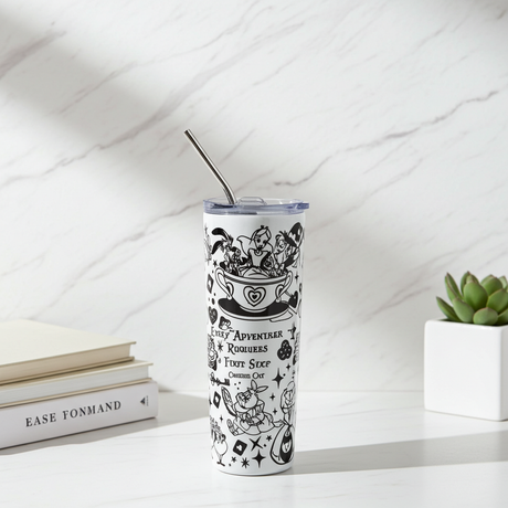 Alice in Wonderland 20oz Skinny Tumbler with Straw | Black & White Fantasy Cup | Gift for Disney Lover