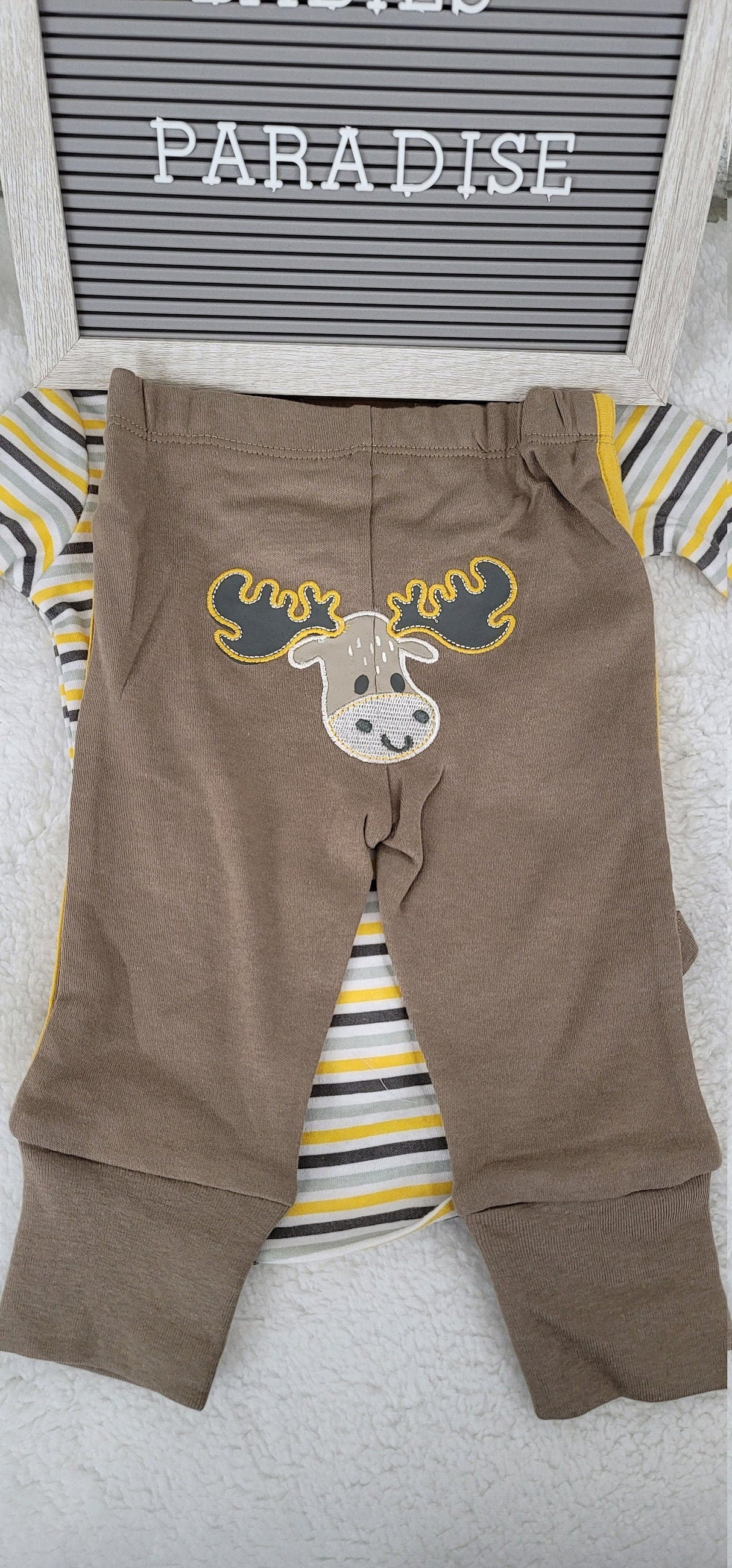 Baby Clothes 3pcs, Baby Boys Set 3-6, 6-9 and 12 months, Moose Design Baby Clothes , Boys Brown Pants, Let the Adventure Begin Bib, GiftSet