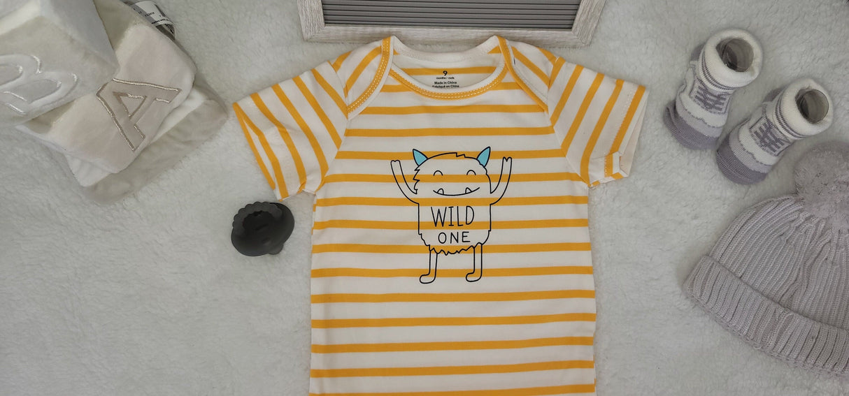 monster design onesie yellow white stripes onesie 9 month baby boy onesie cute design baby bodysuit trendy style baby bodysuit.jpg