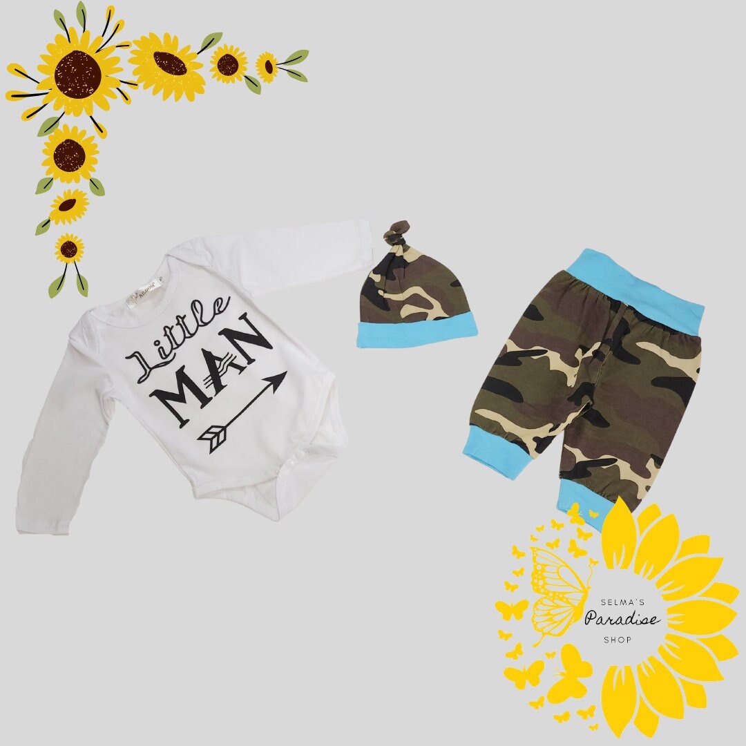 Baby Camo Romper Set: Newborn Onesie, Pants & Beanie