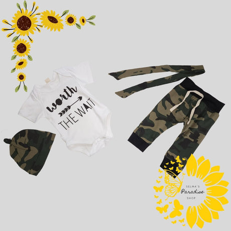 Baby Camo Romper Set: Newborn Onesie, Pants & Beanie