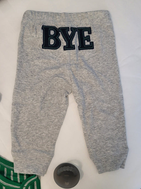Vintage Doggy Baby Outfit: Green Stripe Onesie & Gray Pants