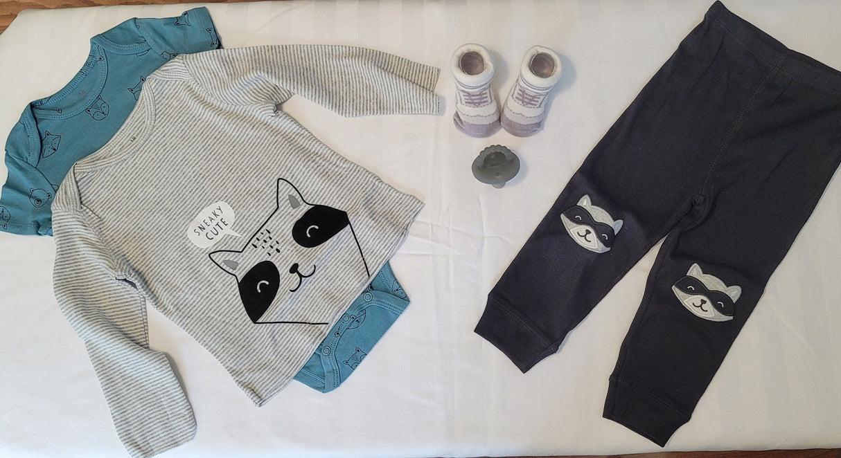 3pcs baby clothes newborn onesie black pants baby clothes blue fox onesie gray white stripe, baby shower gift vintage baby clothes.jpg