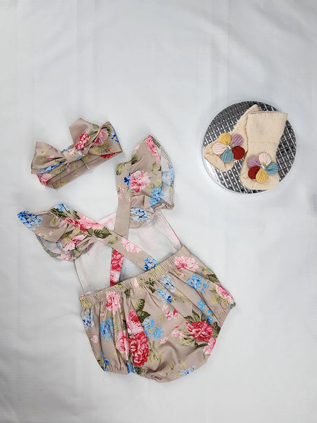 Floral Baby Romper with Ruffled Headband: 100% Cotton Set