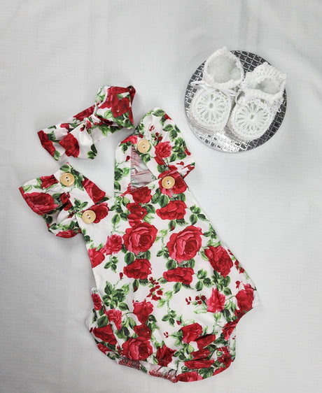 Floral Baby Romper with Ruffled Headband: 100% Cotton Set