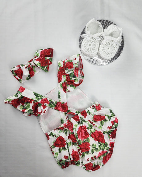 Floral Baby Romper with Ruffled Headband: 100% Cotton Set