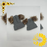 Double Hairball Knitted Beanie Hats for Mommy and Me