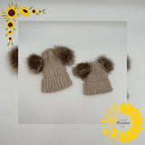 Double Hairball Knitted Beanie Hats for Mommy and Me