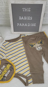 Baby Clothes 3pcs, Baby Boys Set 3-6, 6-9 and 12 months, Moose Design Baby Clothes , Boys Brown Pants, Let the Adventure Begin Bib, GiftSet