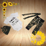 Baby Camo Romper Set: Newborn Onesie, Pants & Beanie