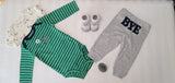 Vintage Doggy Baby Outfit: Green Stripe Onesie & Gray Pants