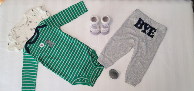 Vintage Doggy Baby Outfit: Green Stripe Onesie & Gray Pants