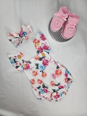 Floral Baby Romper with Ruffled Headband: 100% Cotton Set