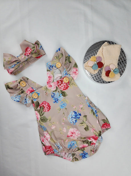 Floral Baby Romper with Ruffled Headband: 100% Cotton Set