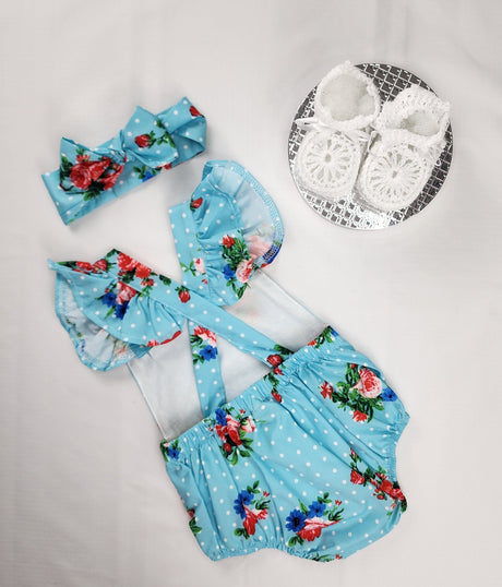 Floral Baby Romper with Ruffled Headband: 100% Cotton Set