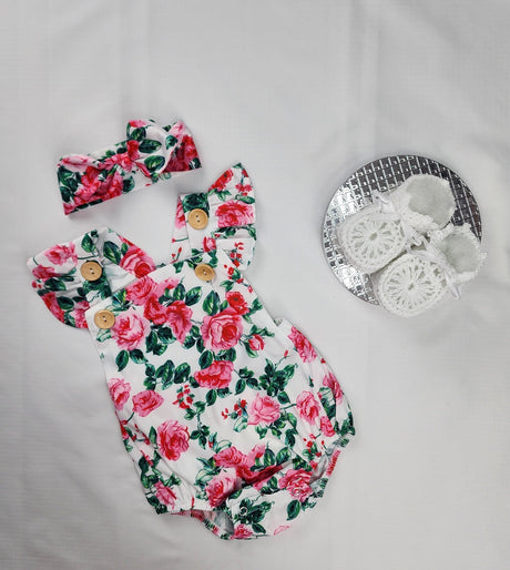 Floral Baby Romper with Ruffled Headband: 100% Cotton Set
