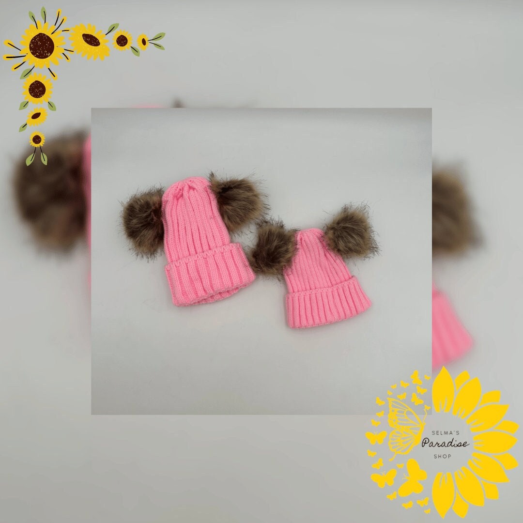 Double Hairball Knitted Beanie Hats for Mommy and Me