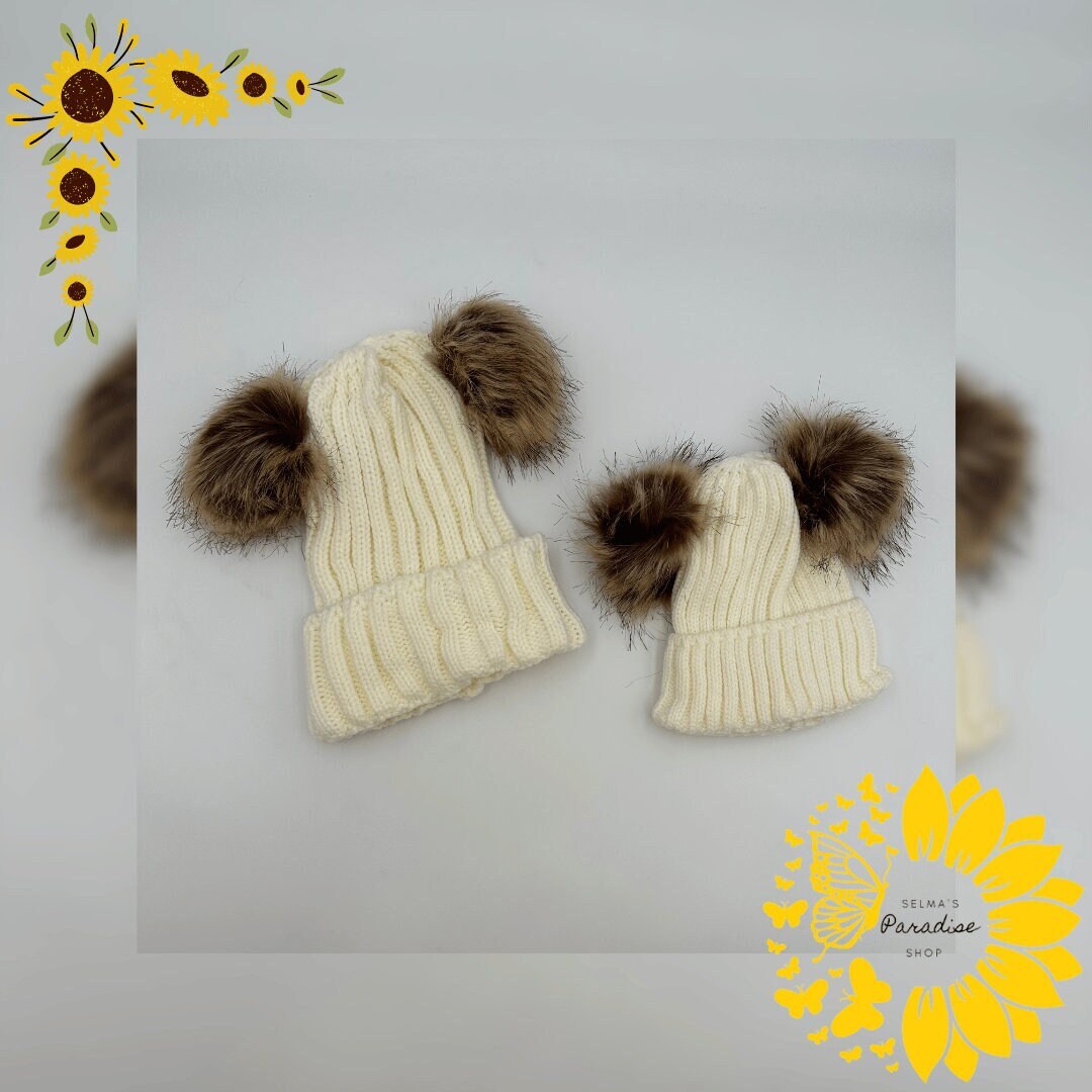Double Hairball Knitted Beanie Hats for Mommy and Me