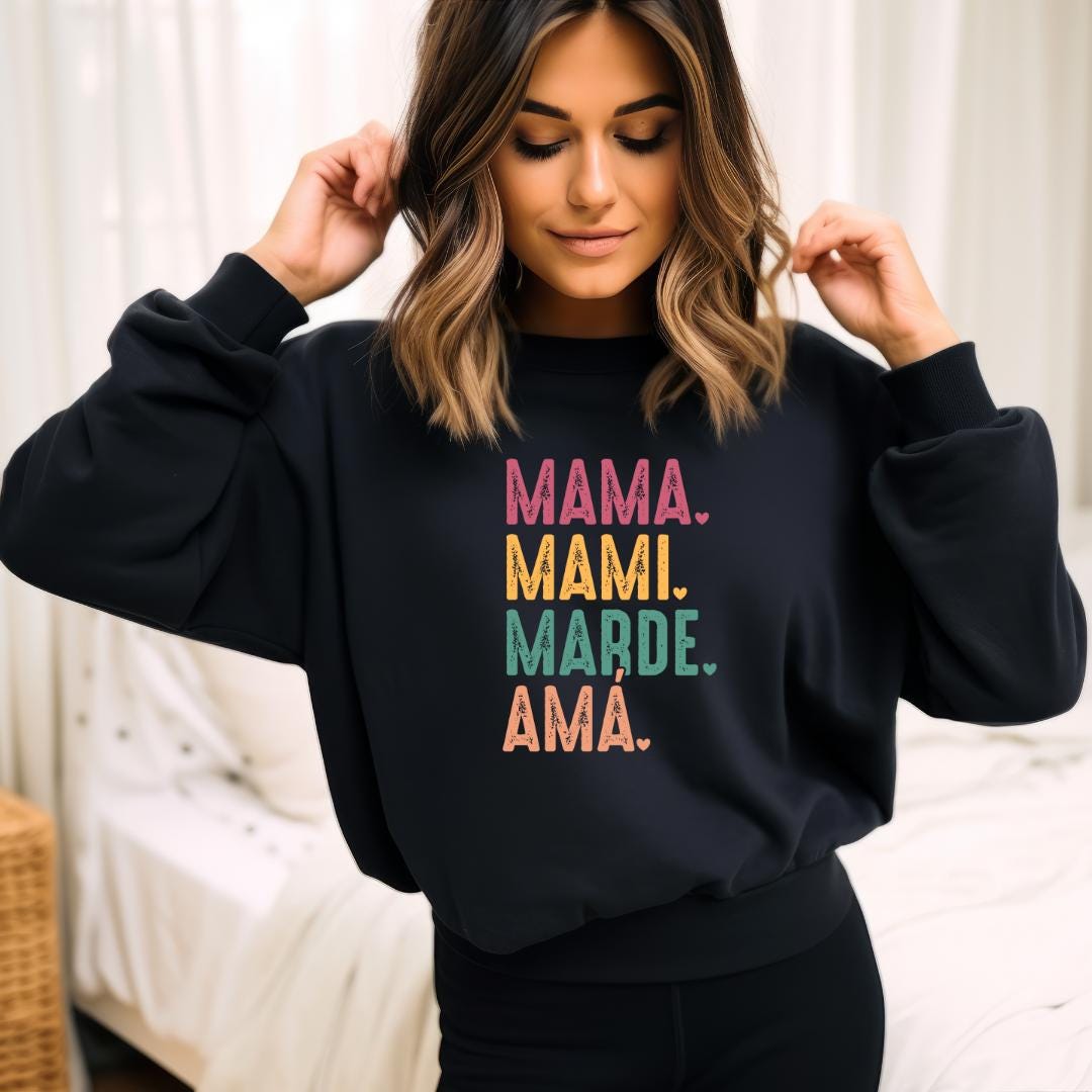 Rainbow Mama Letter Sweatshirt, Personalized Crew Neck Autumn Winter Spanish Style Cozy Pullover