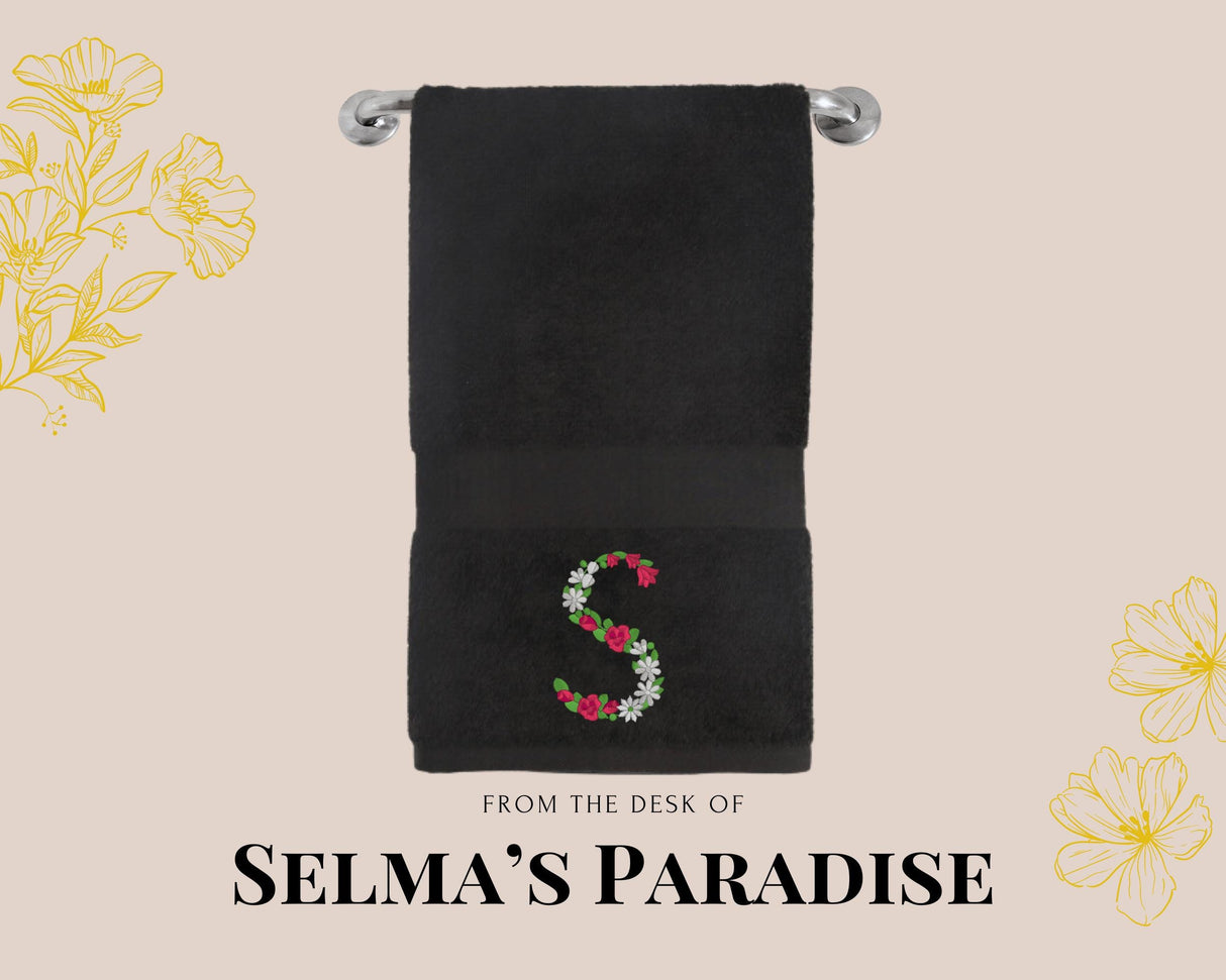 Custom Floral Initial Embroidered Hand Towel: Personalized Cotton-Poly Blend