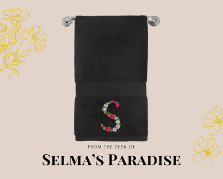 Custom Floral Initial Embroidered Hand Towel: Personalized Cotton-Poly Blend