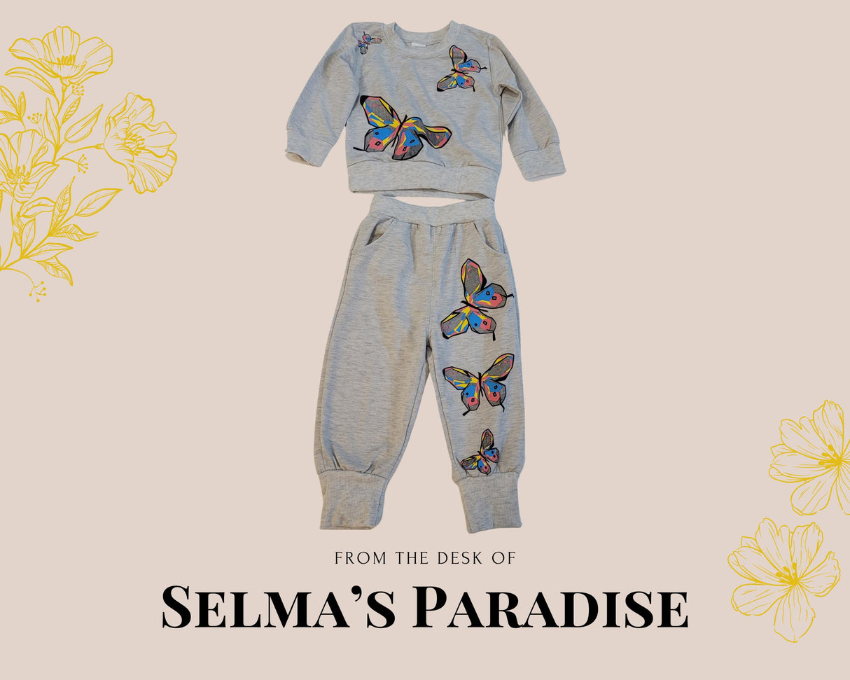 2pcs Butterfly Patterned Long-sleeve, Baby Girl Set, Butterfly Set, Pink Girls Set, Gray Girls Set, Purple Girl Set, Girls Trendy Clothes