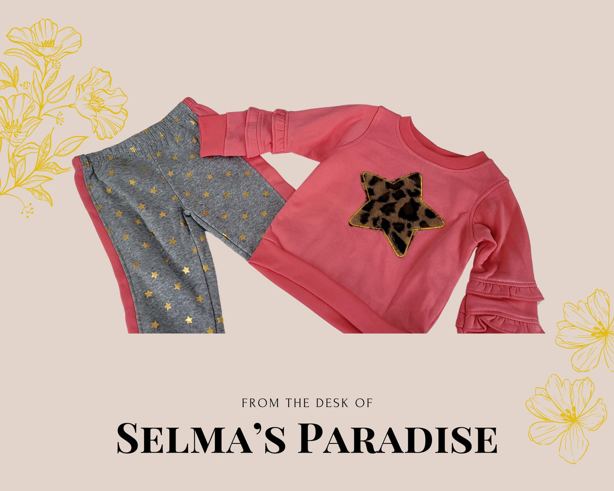 Girls Pink Outfit: Star Pants & Leopard Star Shirt, Polyester Set