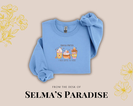 Coffee Design Sweatshirt Hocus Pocus Graphic Print Pullover, Trendy Long Sleeve Unisex Cozy Sweatshirt