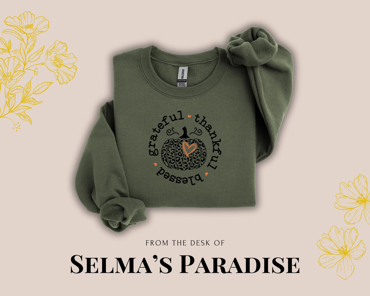 Fall Sweatshirt Unisex Grateful Thankful Blessed Pumpkin Coffee Graphic Pullover Cozy Autumn Top