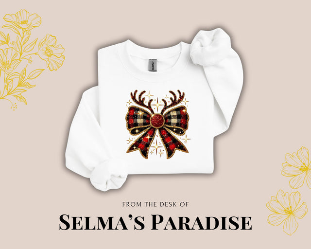 Cozy Christmas Sweatshirt, Christmas reindeer bow Sweatshirt, Unisex Long Sleeve Sweatshirt, Crew neck Vintage Sweater Xmas Gift