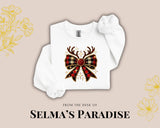 Christmas Sweatshirt Reindeer Bow Cozy Unisex Long Sleeve Crew Neck Vintage Xmas Gift Sweater