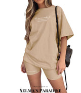 Women’s Casual 2 Piece Set, Comfy Sportswear, Letter Print T-Shirt and Capri Shorts, Athleisure, Summer, Activewear